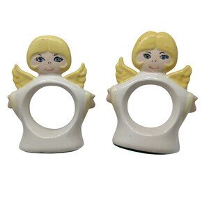 Angel Napkin Rings Set of 2 Vintage 70's Hand Painted Art Pottery Ceramic Blonde